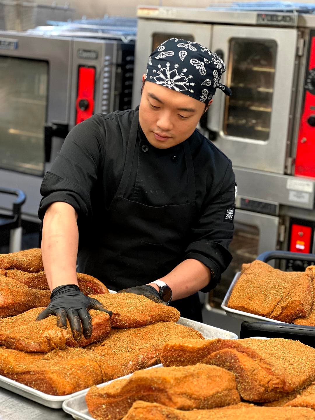 Chef preparing premium Korean fried chicken